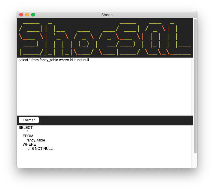 screenshot of shoesql window