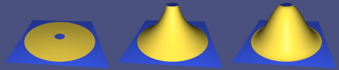 Two regions of selected points (purple) are constrained. The gradient-based energy produces a continuous displacement but is not smooth at the inner constrained points (sharp crease). The Laplacian-based energy produces a displacement with continuous positions and derivatives.