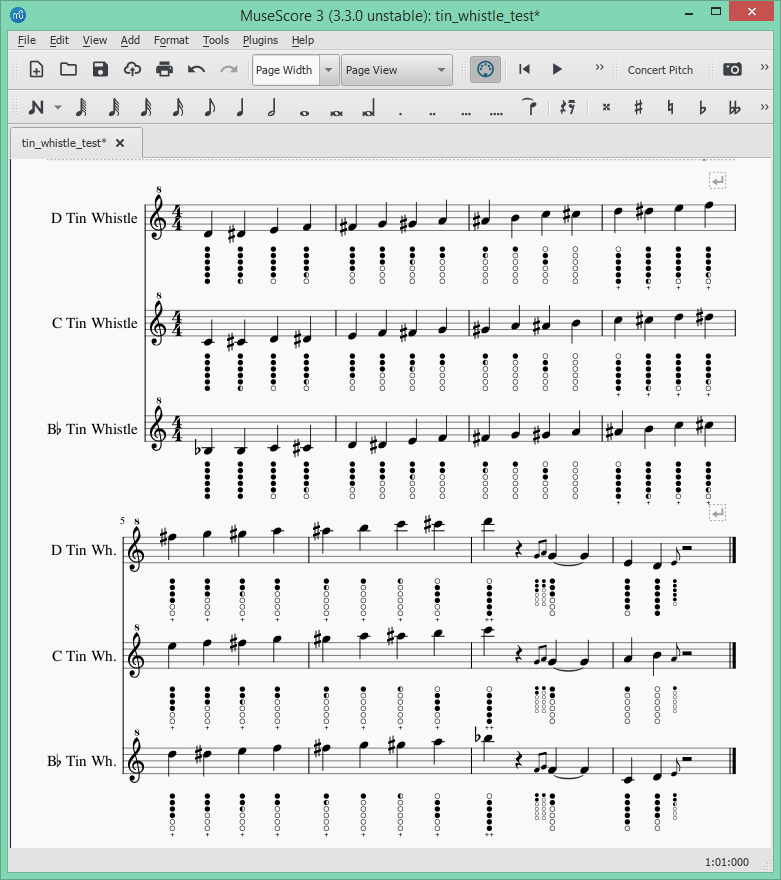 Diagram of tin whistle tabs applied to the score version 3