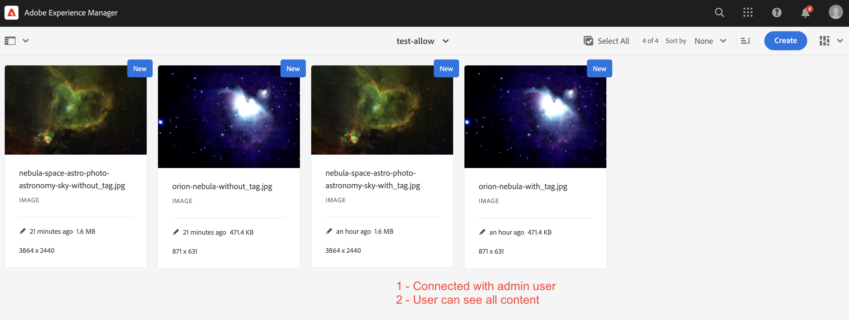 Login with admin user account, user see all content