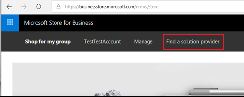 Image shows Find a solution provider option in Microsoft Store for Business.