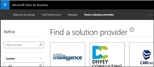 Image shows Find a solution provider option in Microsoft Store for Business.