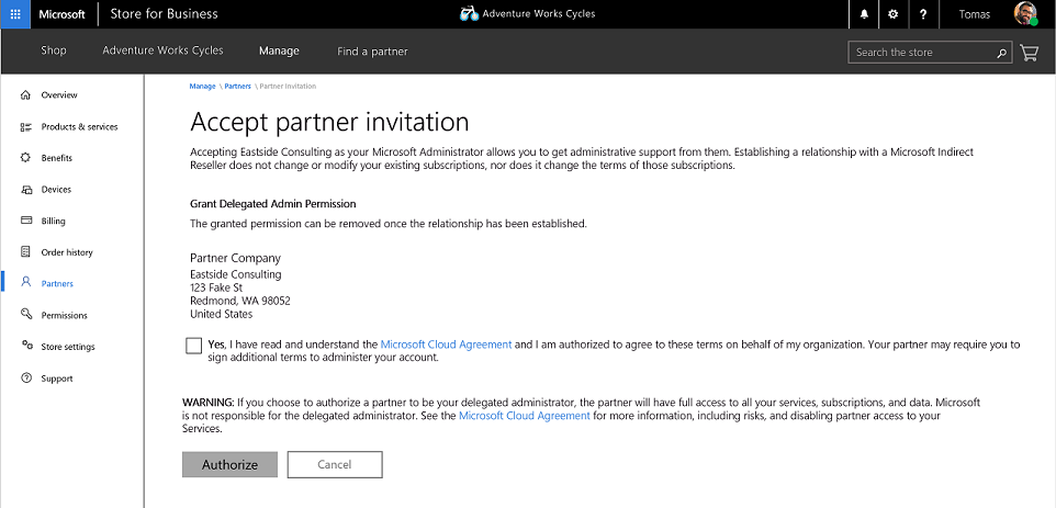 Image shows accepting an invitation from a solution provider in Microsoft Store for Business.