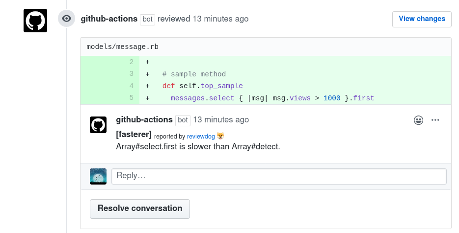 Example comment made by the action, with github-pr-review