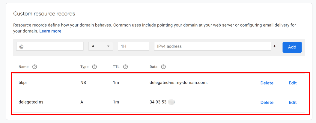 Google Domains NS Configuration for subdomain