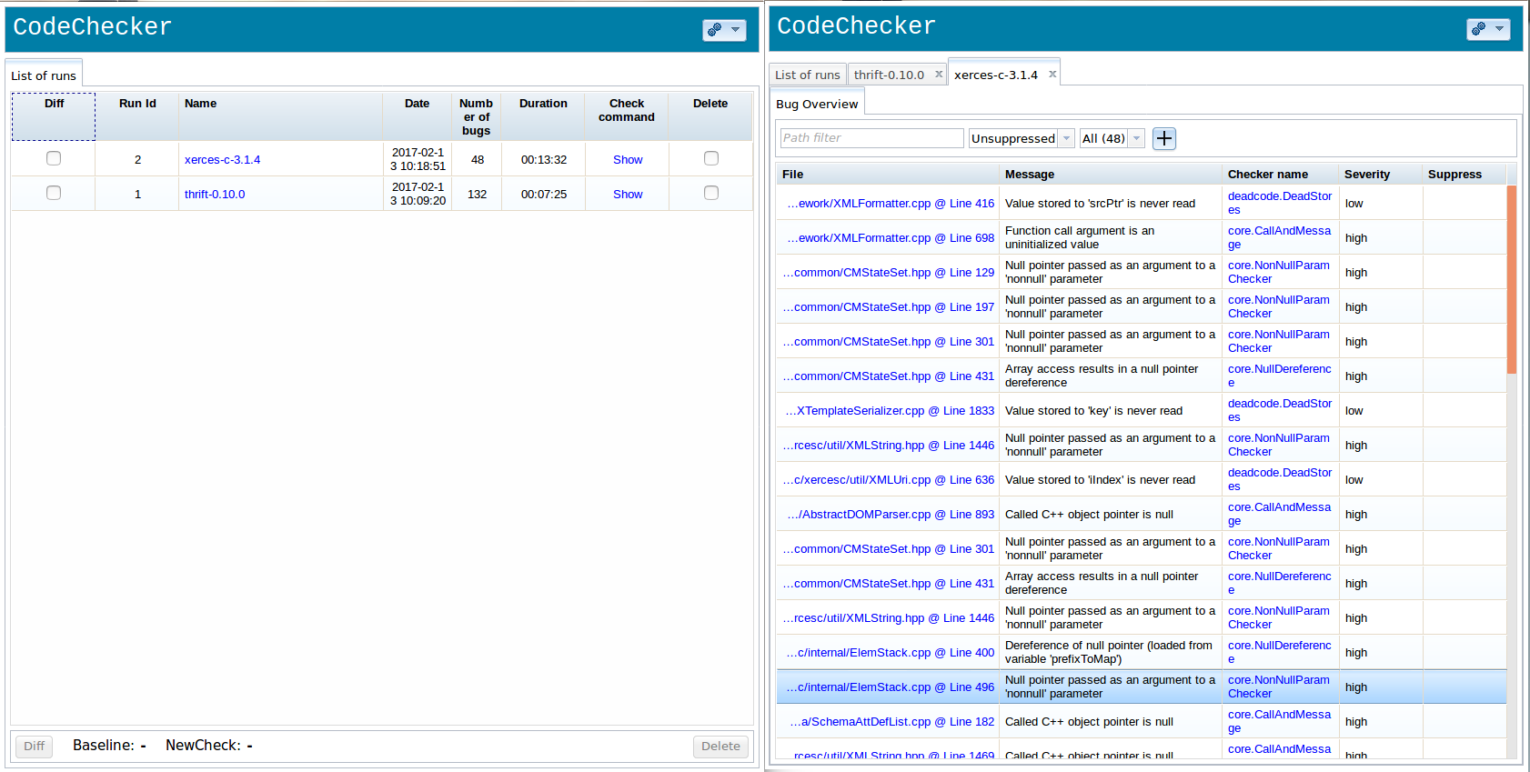 Web interface showing list of analysed projects and bugs