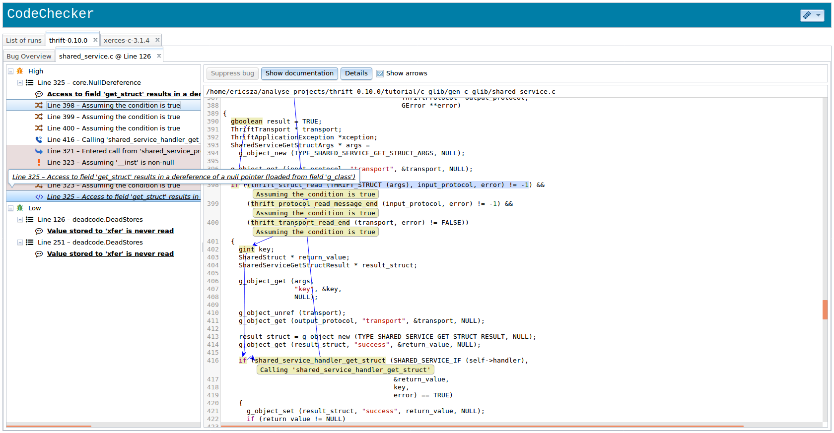 Web interface for viewing discovered defects in the source code