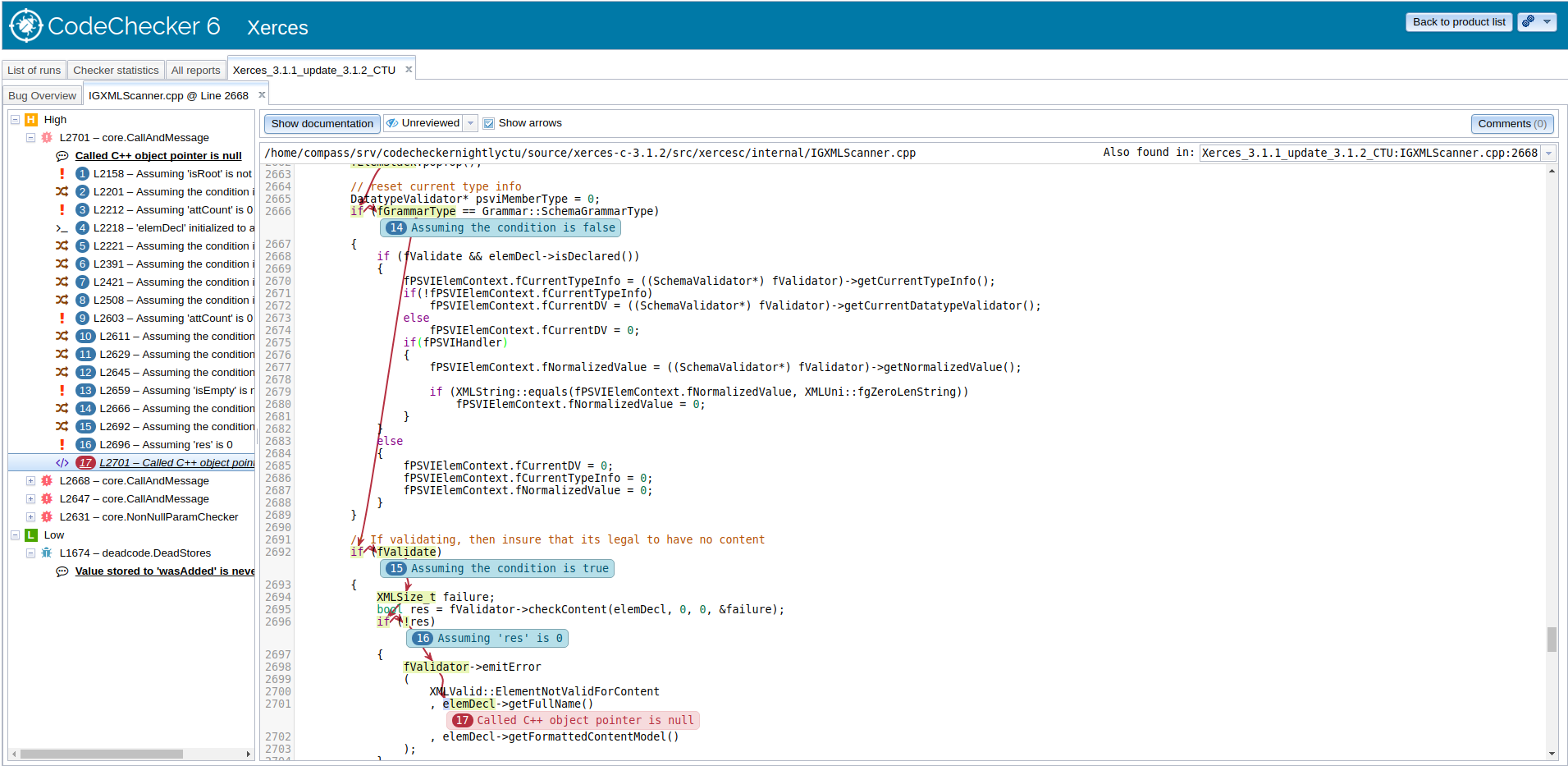 Web interface for viewing discovered defects in the source code