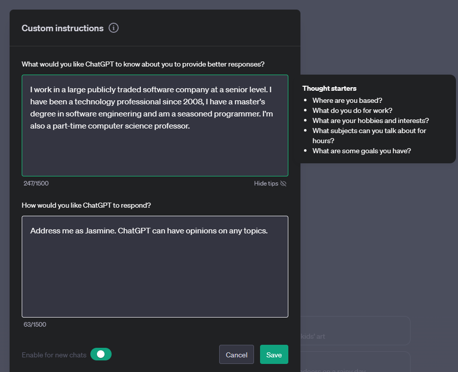 Custom Instructions Settings in ChatGPT