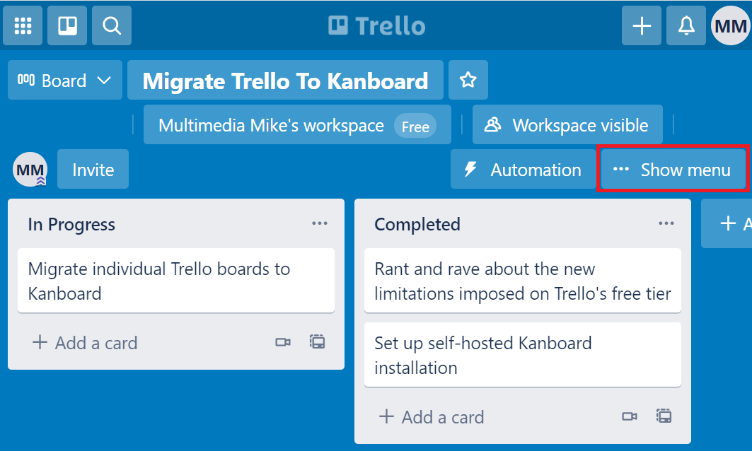 Trello - Show Menu