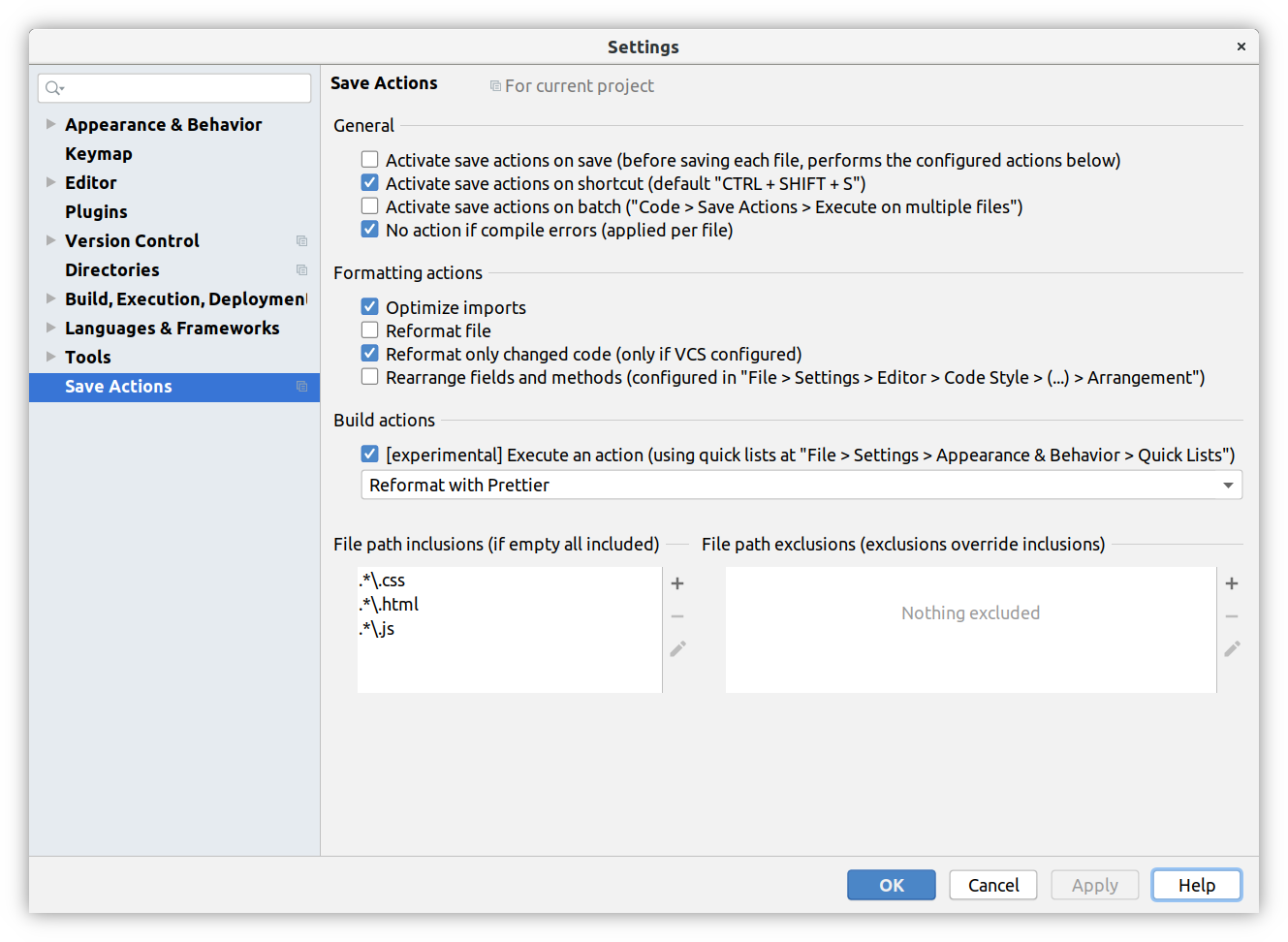 Save actions plugin settings page