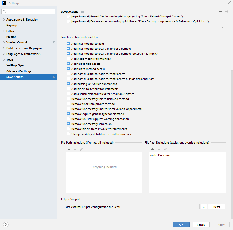 Save actions plugin settings page for Java