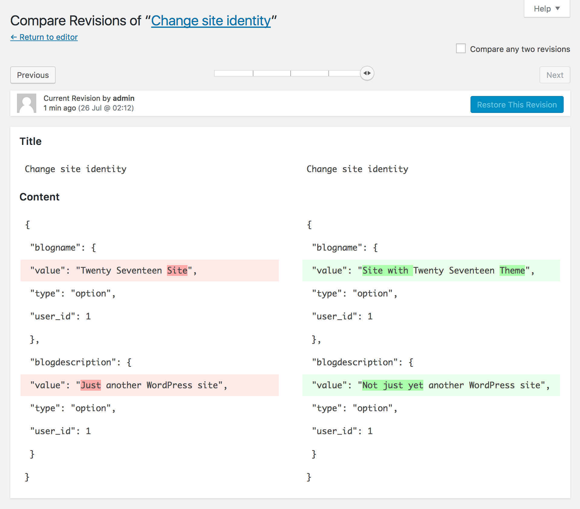 Each time a user saves changes to an existing changeset, a new revision will be stored (if revisions are enabled in WordPress). Users' contributions to a given changeset can be inspected here and even reverted prior to publishing.