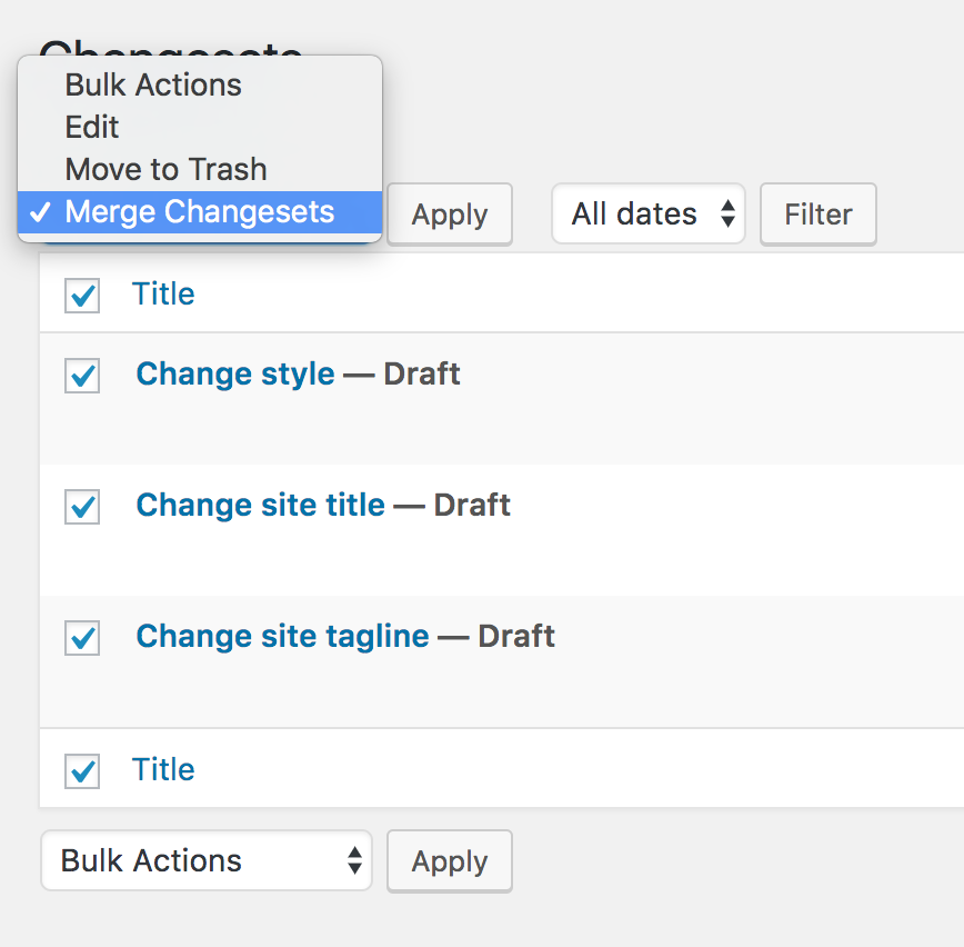 Multiple changesets can be merged into a single changeset, allowing multiple users' work to be combined for previewing together and publishing all at once.