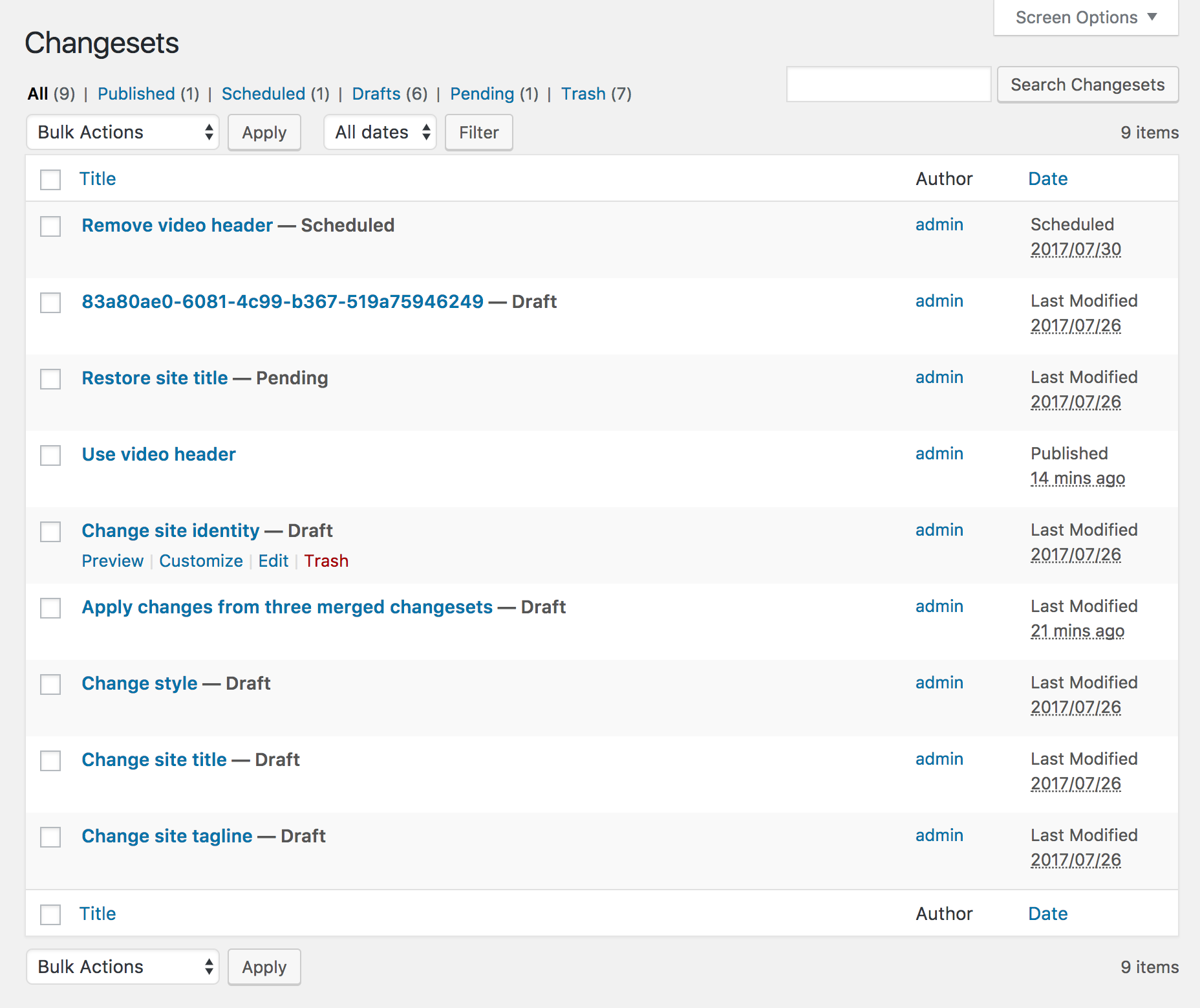 The Changesets admin screen lists all of the changeset posts that have been saved or published. Row actions provide shortcuts to preview changeset on frontend, open changeset in Customizer for editing, or inspect the changeset's contents on the edit post screen.