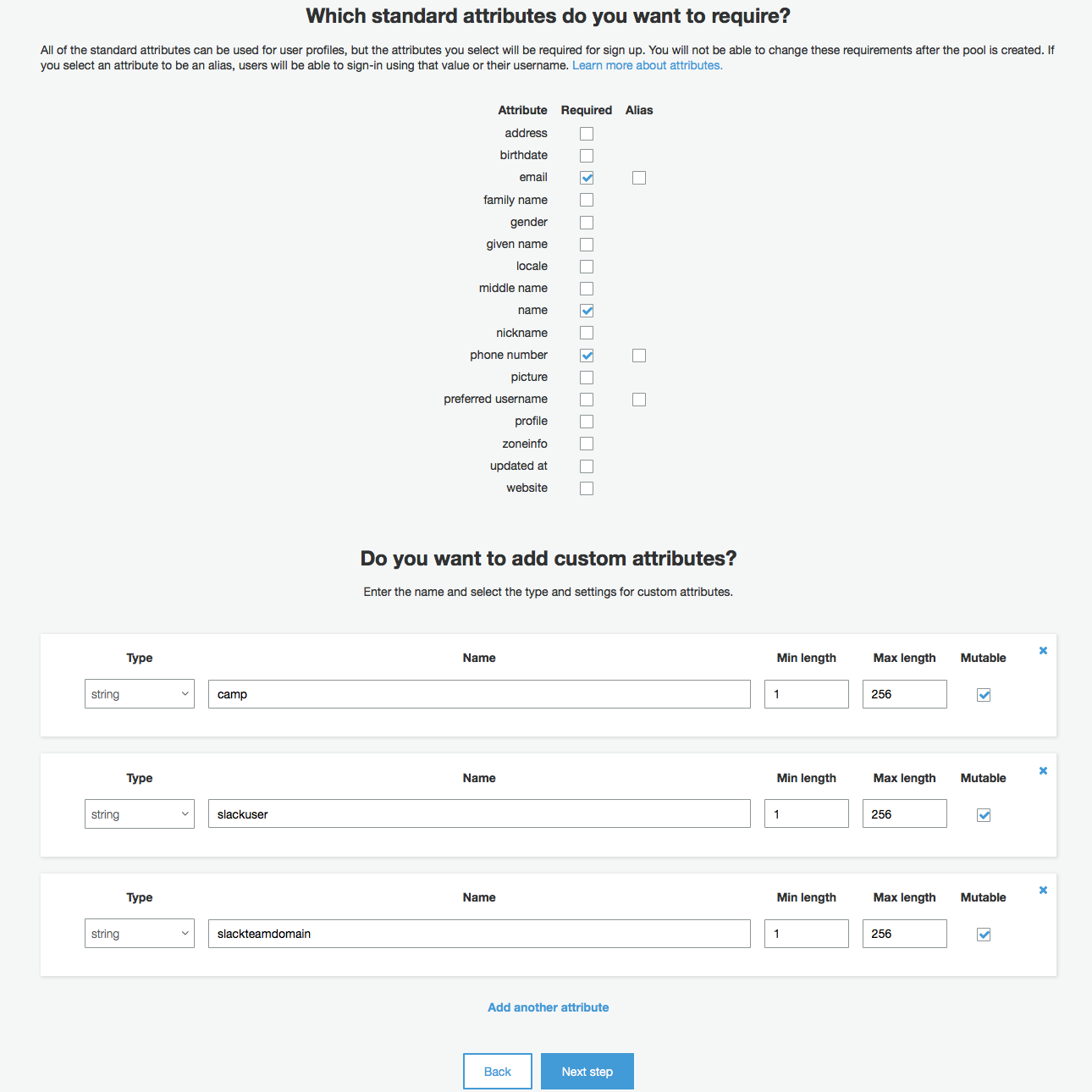 Cognito User Pools: Attributes Configuration