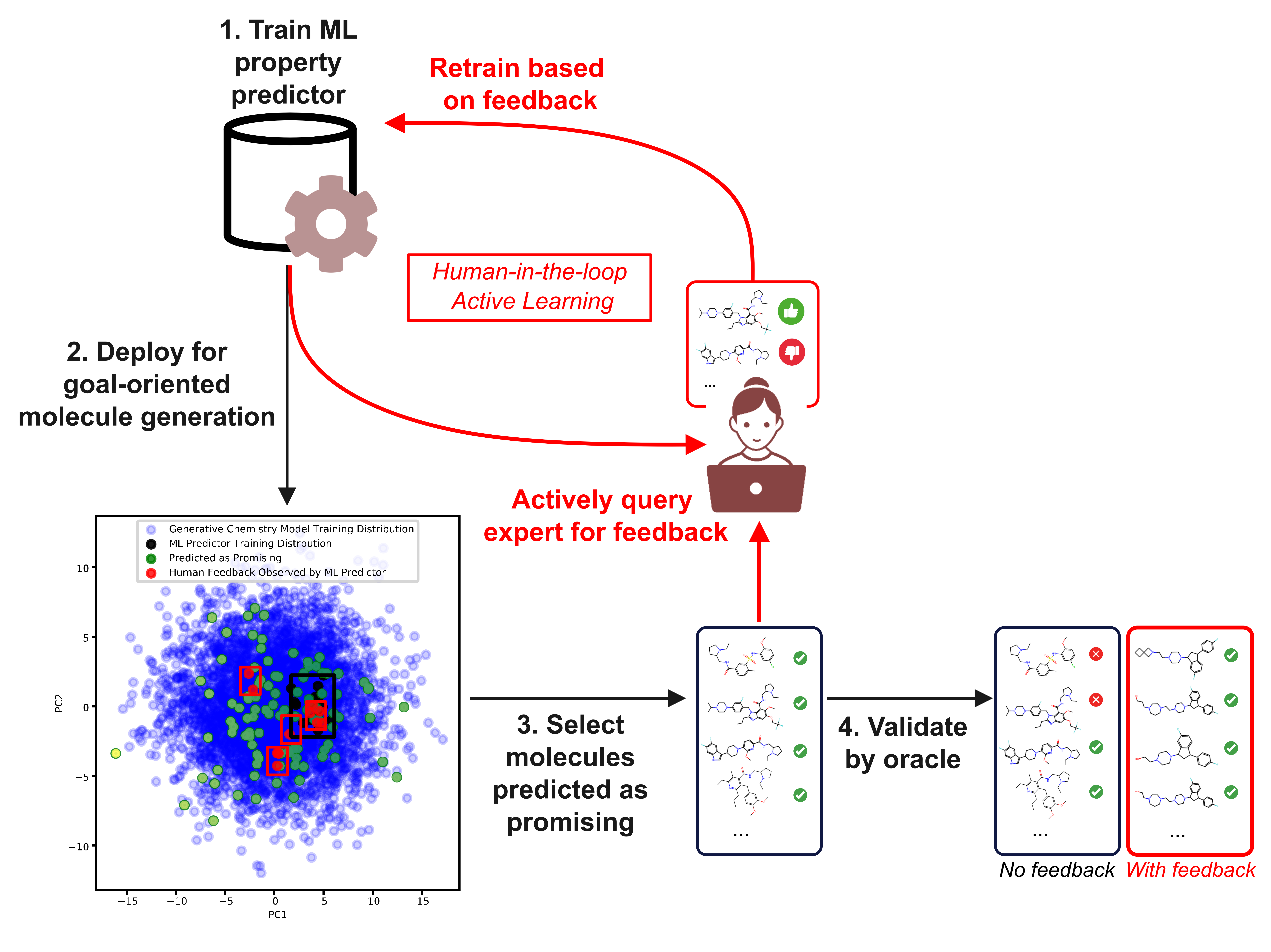 Overview of the human-in-the-loop active learning workflow to fine-tune molecular property predictors for goal-oriented molecule generation.