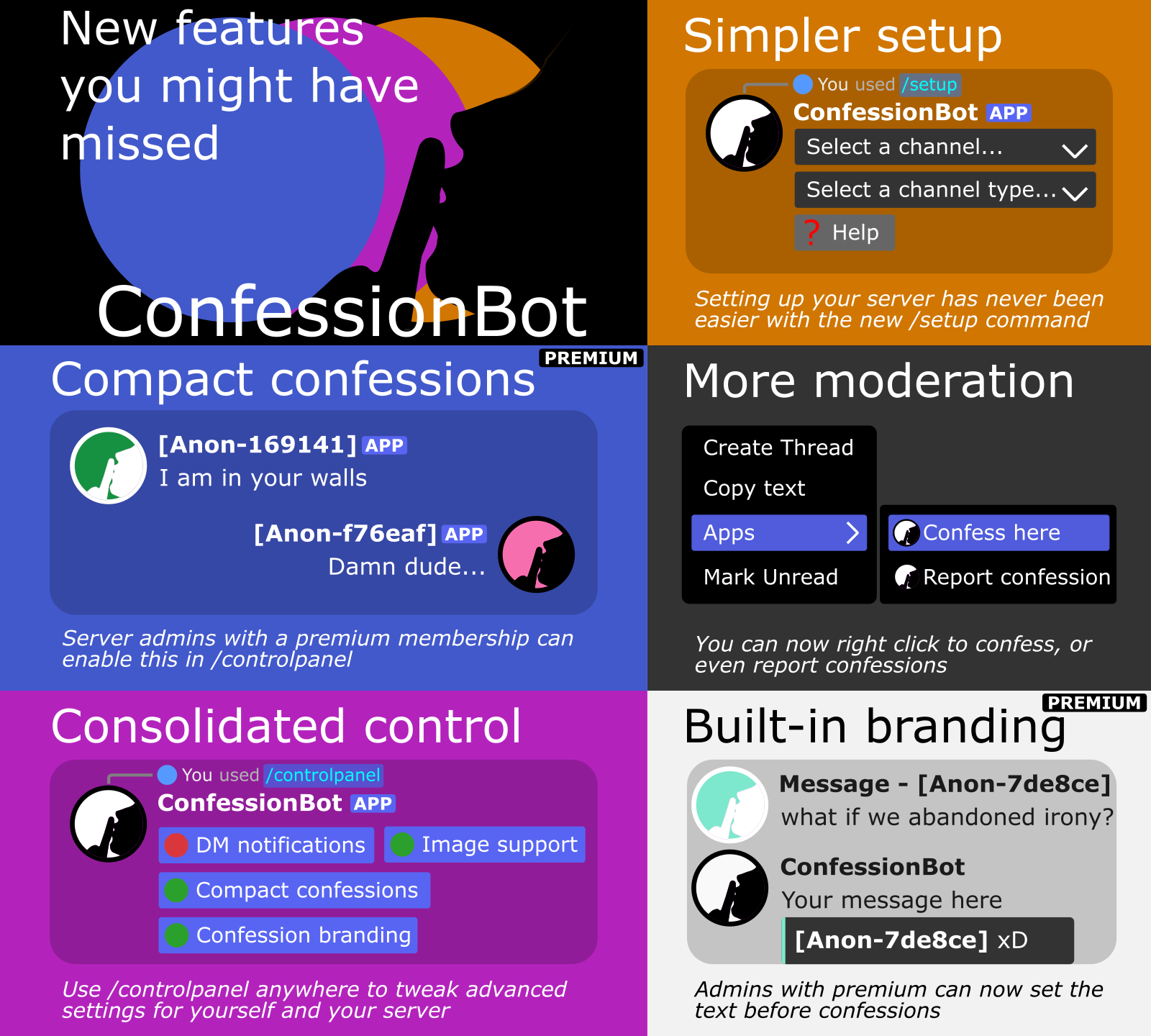 New features you might have missed: Compact confessions; admins with premium can enable this in the /controlpanel. Consolidated control; /controlpanel can be used anywhere to tweak advanced settings. Simpler setup; setup your entire server with /setup. More moderation; right click to confess or report confessions. Built-in branding; Admins with premium can now set the text before confessions.