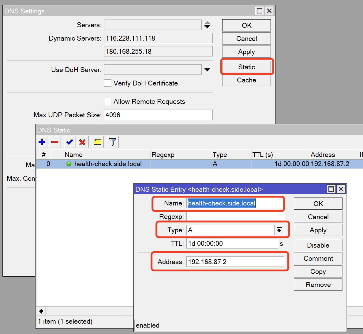 side router static DNS