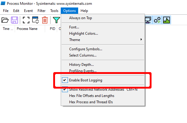 "Process Monitor Boot Logging option"