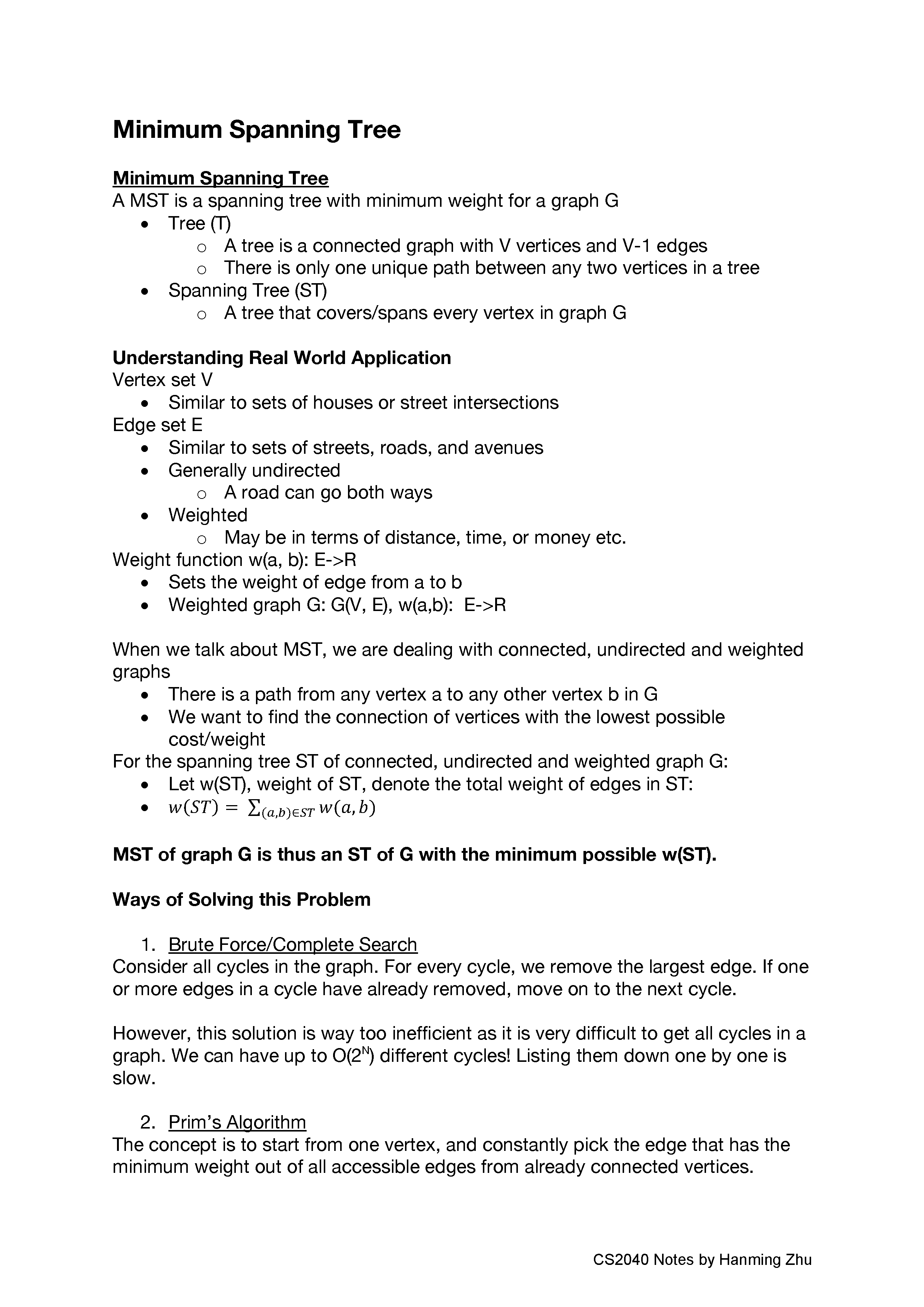 CS2040 Minimum Spanning Tree Notes