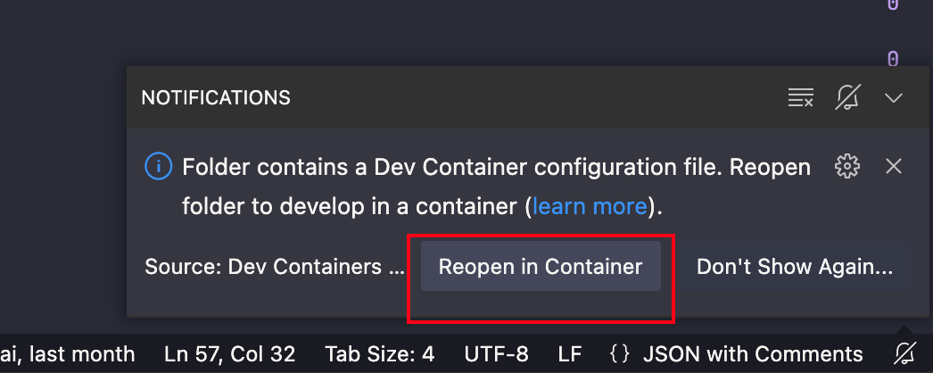 reopen dev container by pop notification